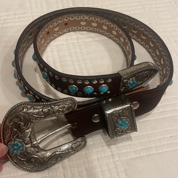 Nocona Accessories - Nicona Belt Co silver toned turquoise genuine leather belt 28waist or smaller(c)